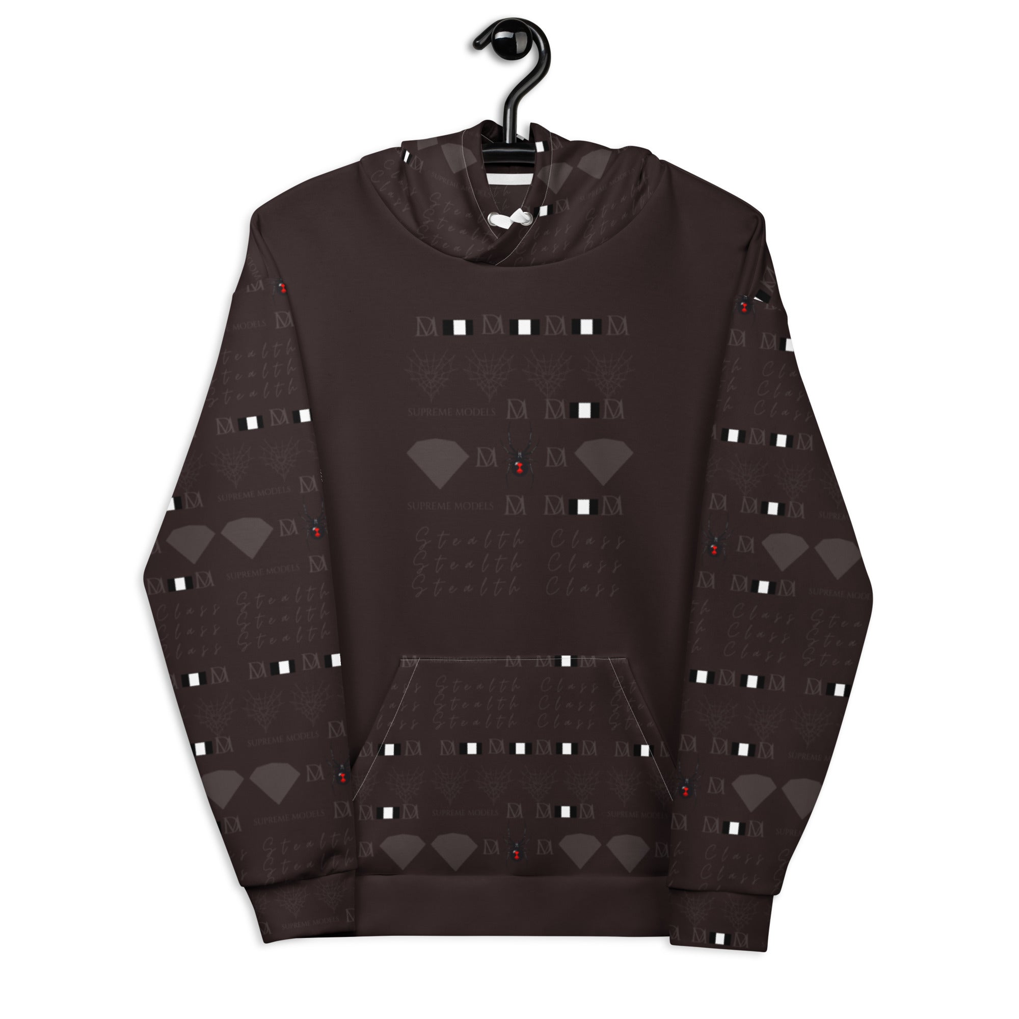 Daemon Luxury Supreme Models Lazey Hazey white unisex hoodie with all-over recycled print and front design.