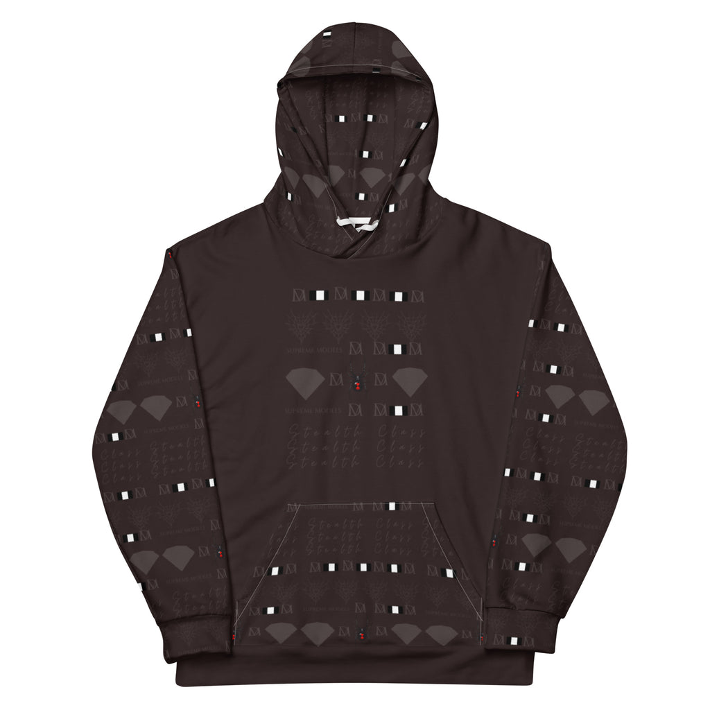 Daemon Luxury Supreme Models LaZey Hazey unisex recycled hoodie with all-over print in white, front view.