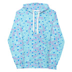White unisex hoodie with Picasso Mirrors all-over print by Daemon Luxury, featuring a front view and recycled fabric design.