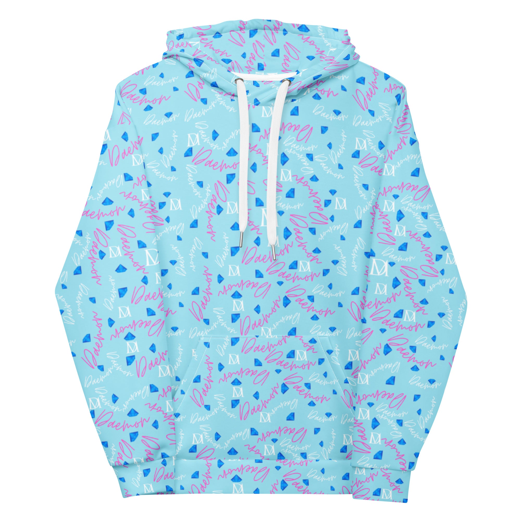 White unisex hoodie with Picasso Mirrors all-over print by Daemon Luxury, featuring a front view and recycled fabric design.