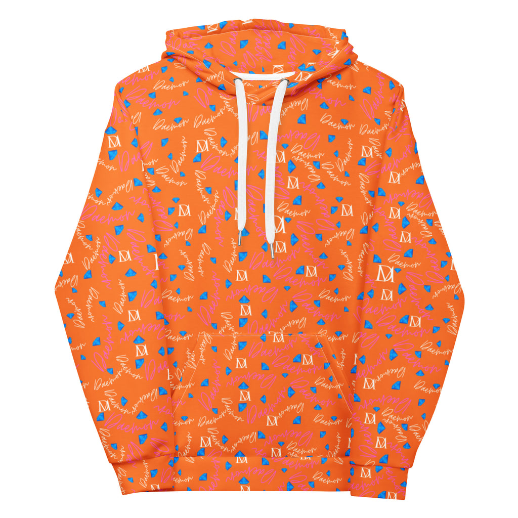 Unisex white hoodie with all-over Picasso-inspired Rays Crush print by Daemon Luxury, featuring a hood and casual fit.
