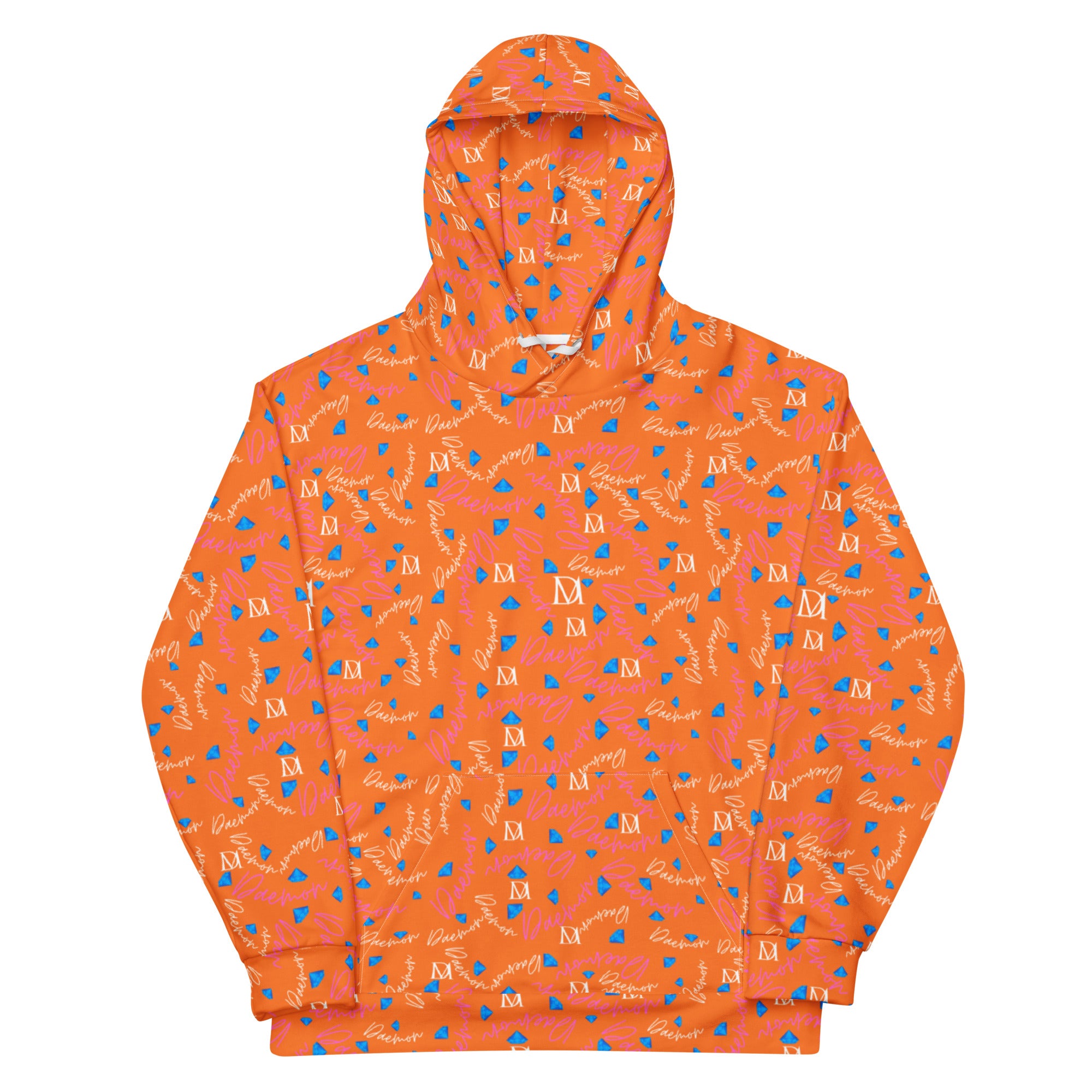 Daemon Luxury Picasso Mirros Rays Crush unisex recycled hoodie with all-over white print and hood design.