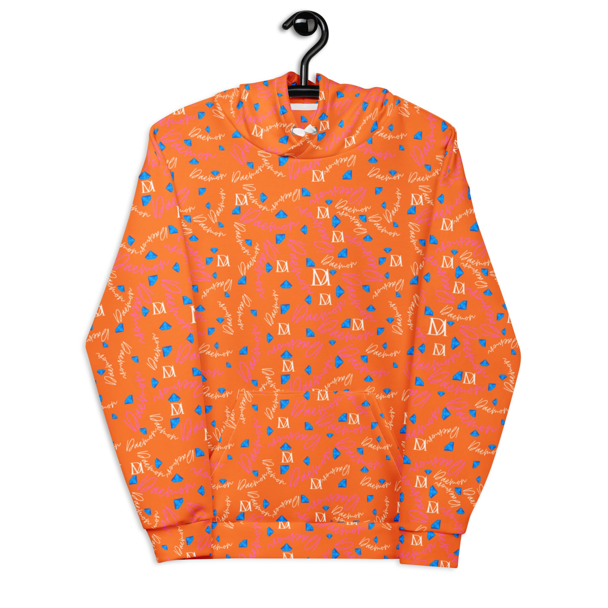Daemon Luxury Picasso Mirros Rays Crush recycled unisex hoodie with all-over white print and hood, featuring artistic graphic design.