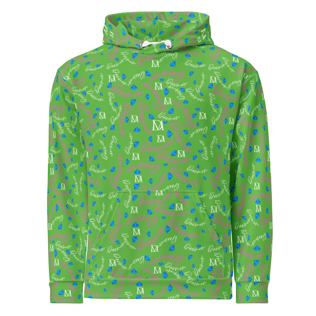 Daemon Luxury Picasso Mirros Gardena Kalifornia unisex hoodie with all-over recycled print, white front view.