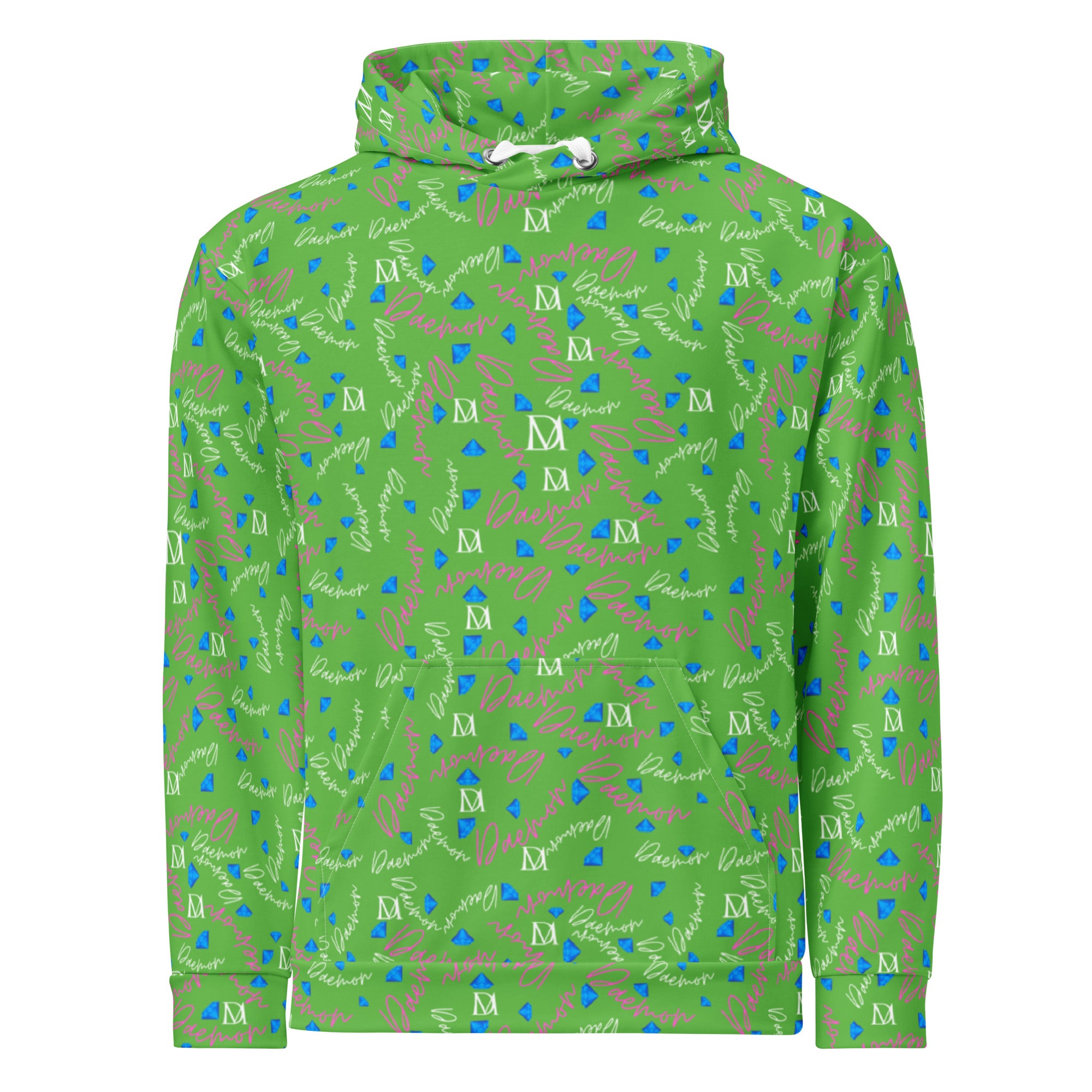Daemon Luxury Picasso Mirros Gardena Kalifornia unisex hoodie with all-over recycled print, white front view.