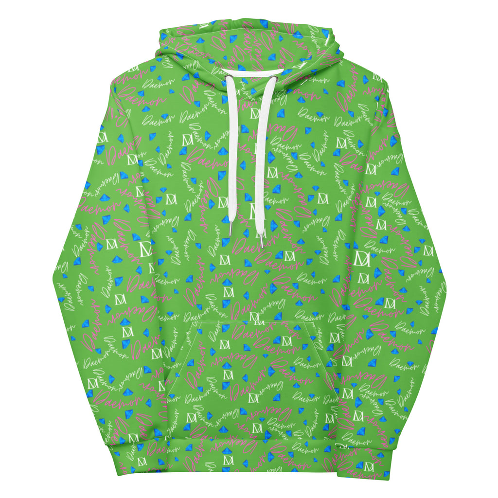 Recycled white hoodie with Picasso Mirros design by Daemon Luxury, featuring all-over print and a cozy hood for unisex wear.