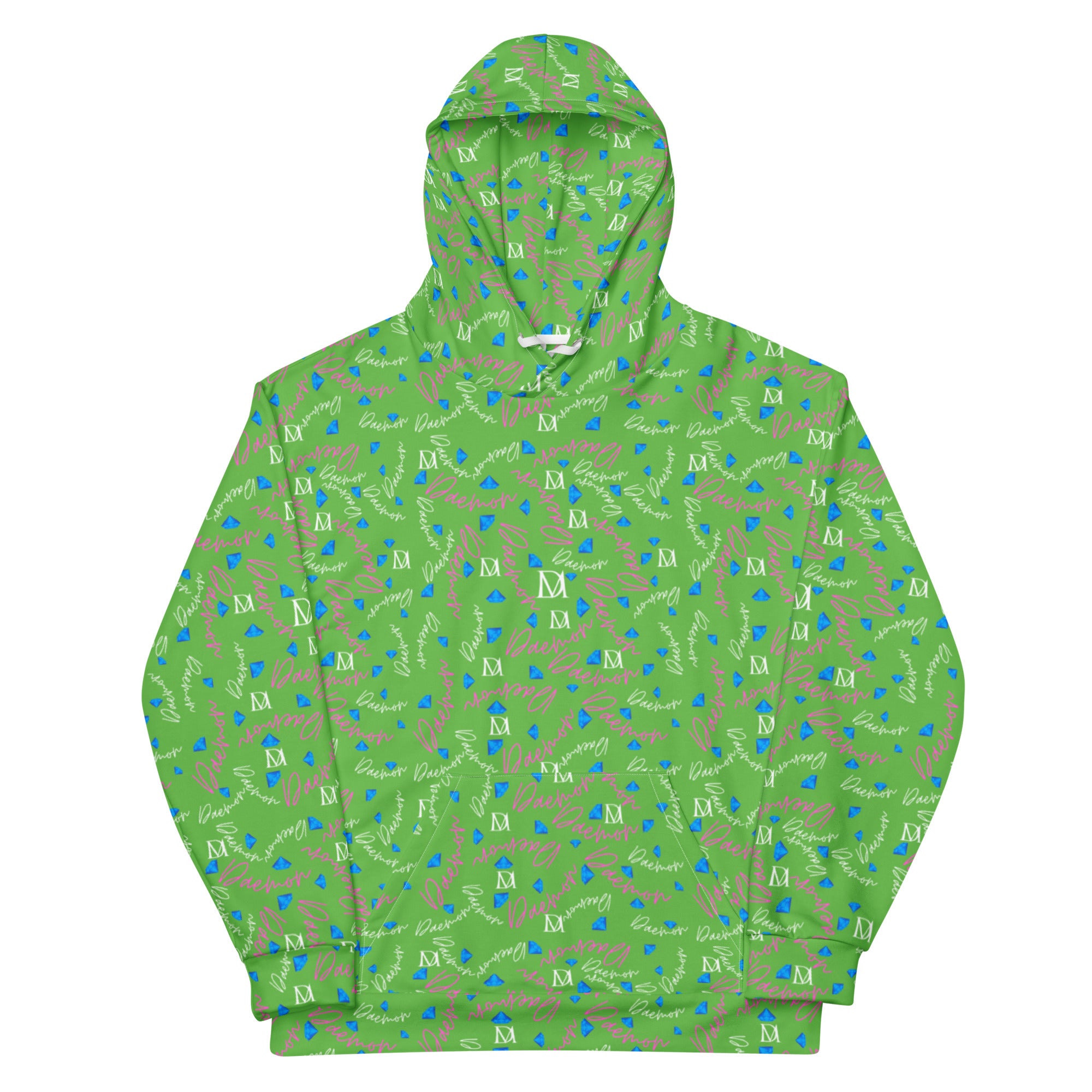 Daemon Luxury Picasso Mirros Gardena Kalifornia unisex hoodie with all-over recycled print, white front, casual and stylish.