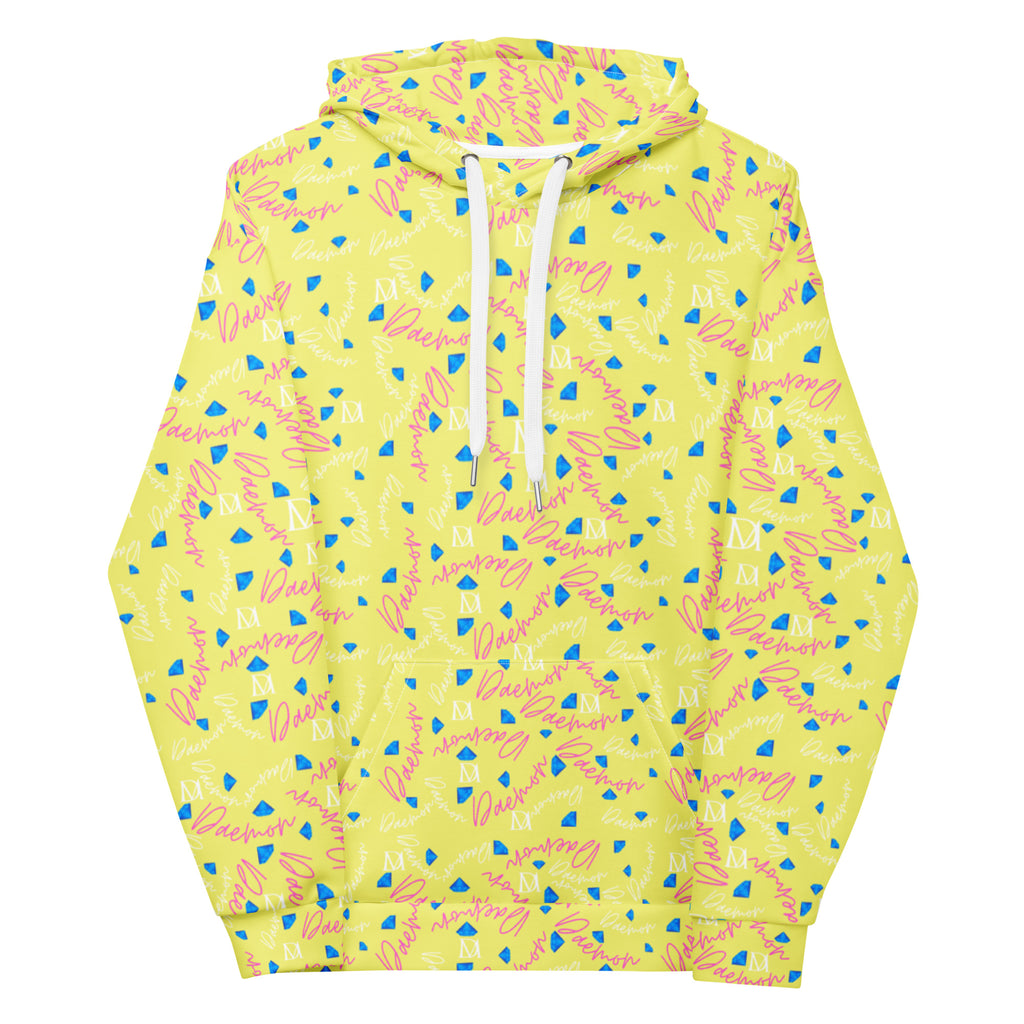 Daemon Luxury Picasso Mirrors Moonstar unisex hoodie with all-over-print recycled fabric, white front design.