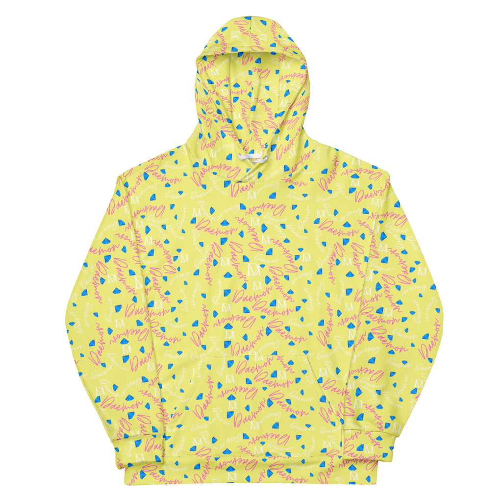 White all-over-print recycled unisex hoodie featuring Picasso-inspired moon and star designs from Daemon Luxury.