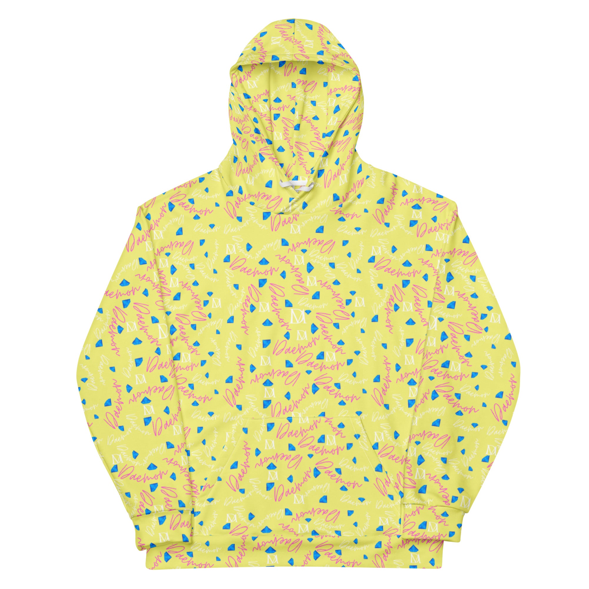 White all-over-print recycled unisex hoodie featuring Picasso-inspired moon and star designs from Daemon Luxury.