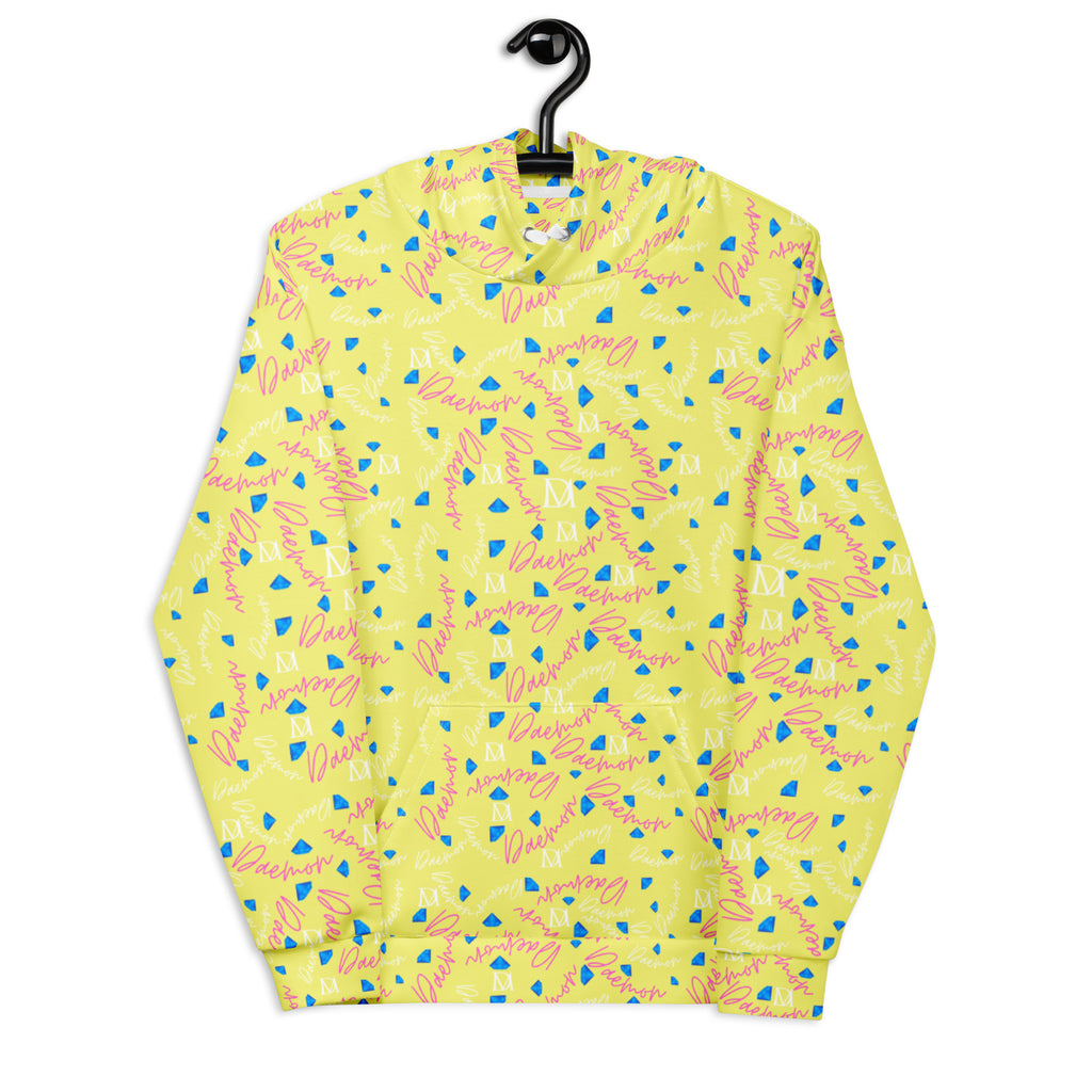 Unisex white recycled hoodie with Picasso-inspired moonstar print from Daemon Luxury, front view showing all-over artwork.