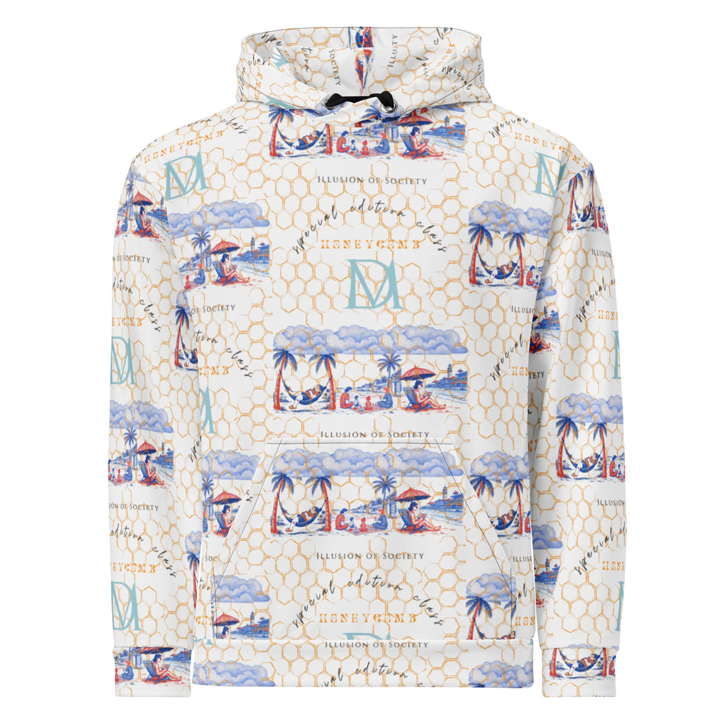White Honeybee Intel (Forecast) Felpa Cappuccio hoodie by Daemon Luxury with all-over recycled print, front view.