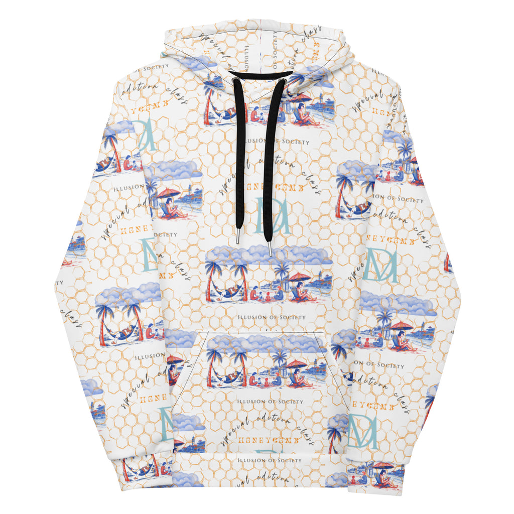Daemon Luxury Honeybee Intel forecast unisex hoodie with all-over white recycled print featuring honeybee and tech-inspired design.