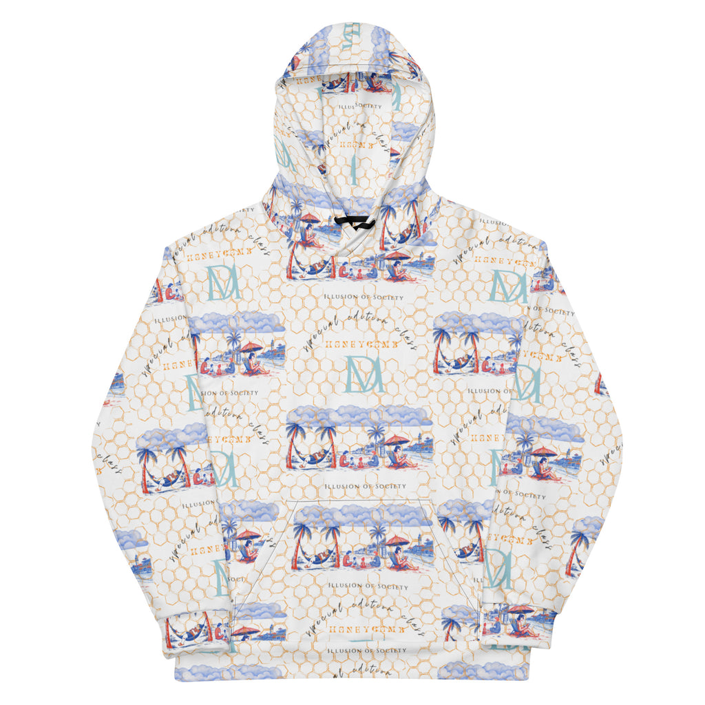 Recycled white unisex hoodie with Honeybee Intel (Forecast) all-over print from Daemon Luxury, front view.