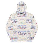 Recycled white unisex hoodie with Honeybee Intel (Forecast) all-over print from Daemon Luxury, front view.