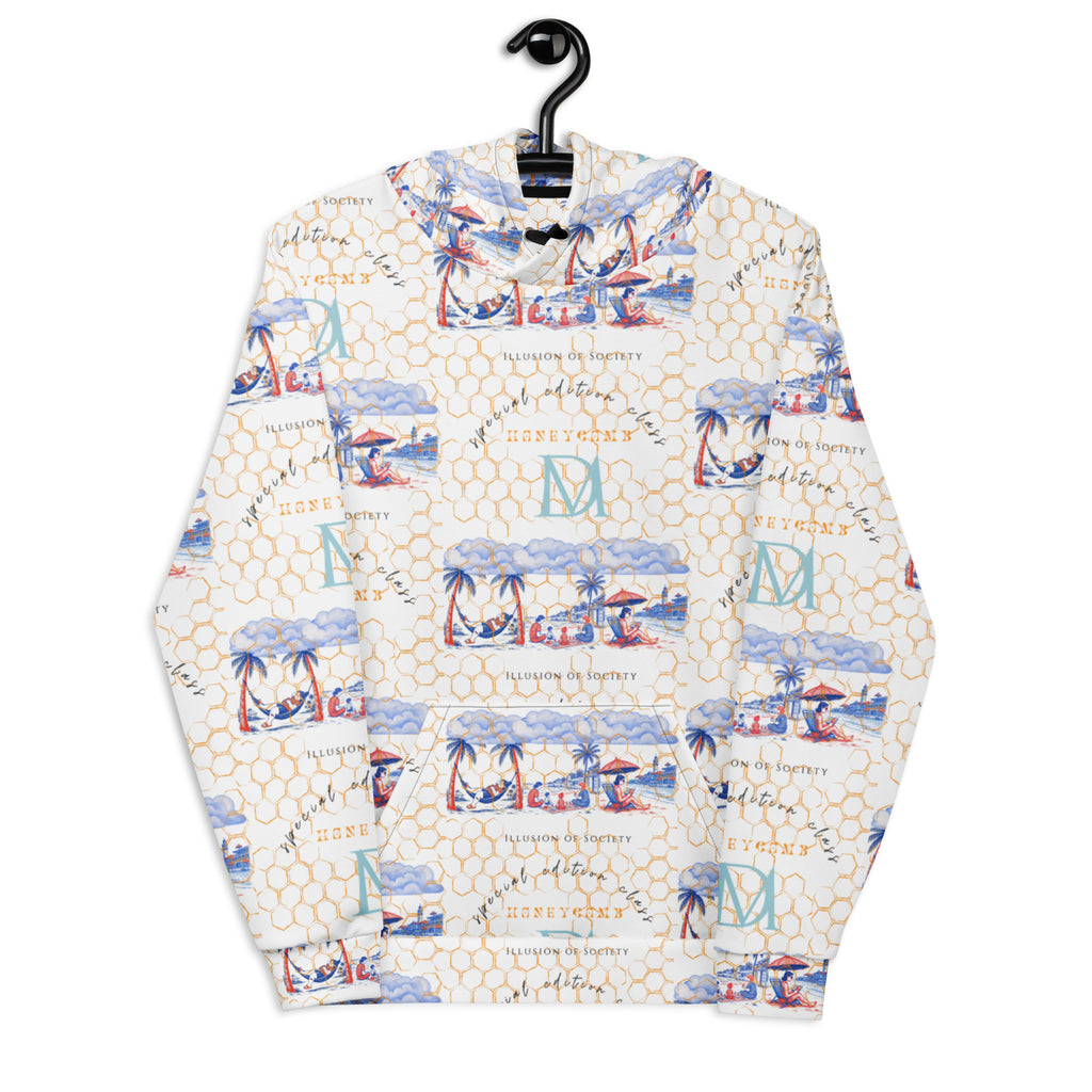White Honeybee Intel (Forecast) Felpa Cappuccio hoodie by Daemon Luxury with all-over printed recycled fabric, front view.
