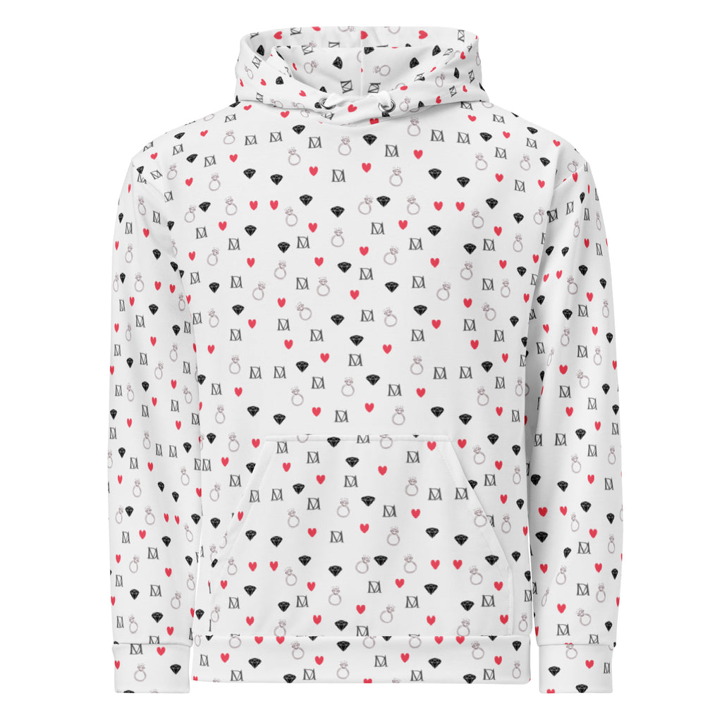 Unisex white hoodie with all-over speckled diamond and moon print by Daemon Luxury, featuring a cozy hood and casual fit.