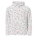 Unisex white hoodie with all-over speckled diamond and moon print by Daemon Luxury, featuring a cozy hood and casual fit.