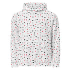 Unisex white hoodie with all-over speckled diamond and moon print by Daemon Luxury, featuring a cozy hood and casual fit.
