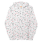Unisex white hoodie with speckled diamond and subtle moon print, designed by Daemon Luxury, featuring recycled fabric and a front view.