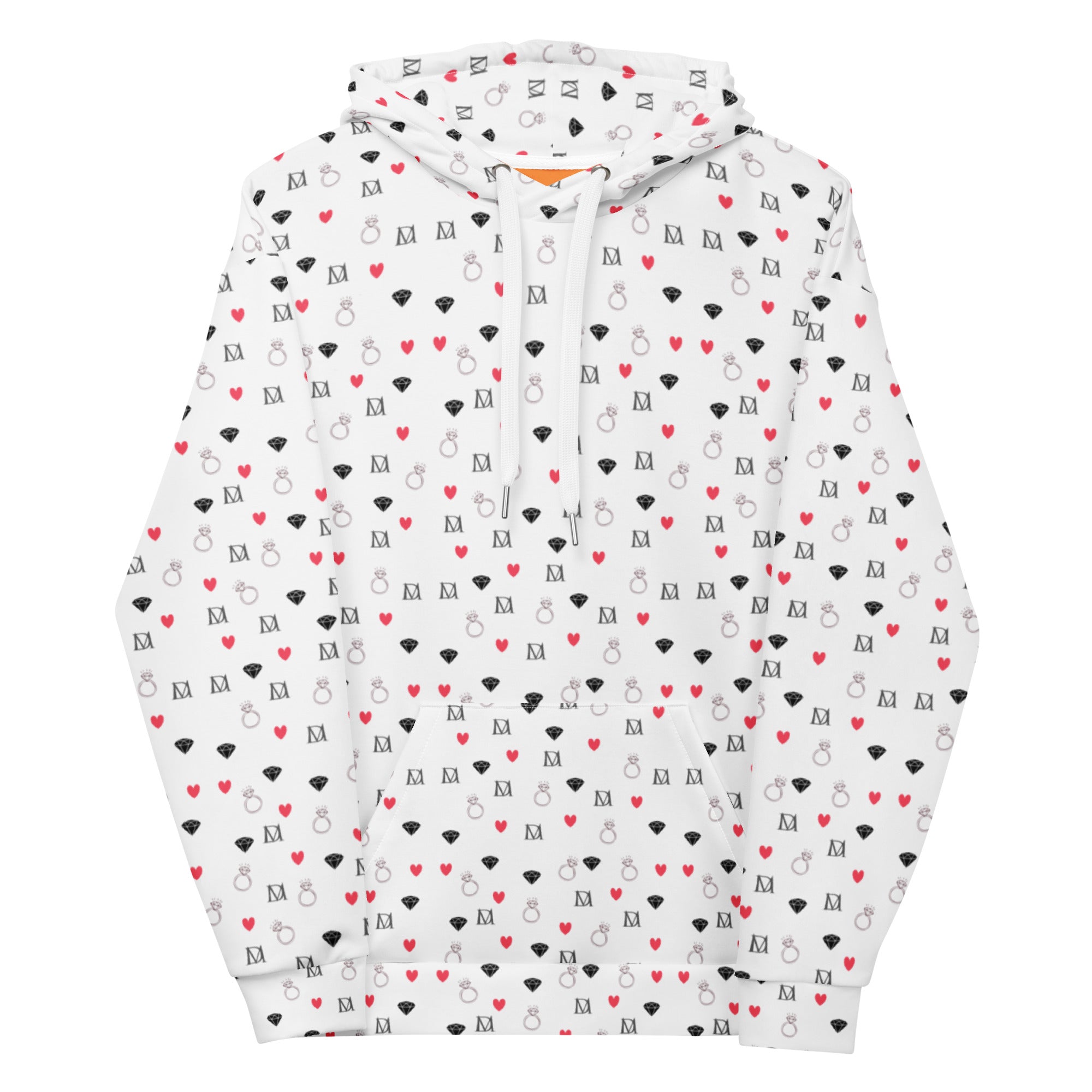 Unisex white hoodie with speckled diamond and subtle moon print, designed by Daemon Luxury, featuring recycled fabric and a front view.