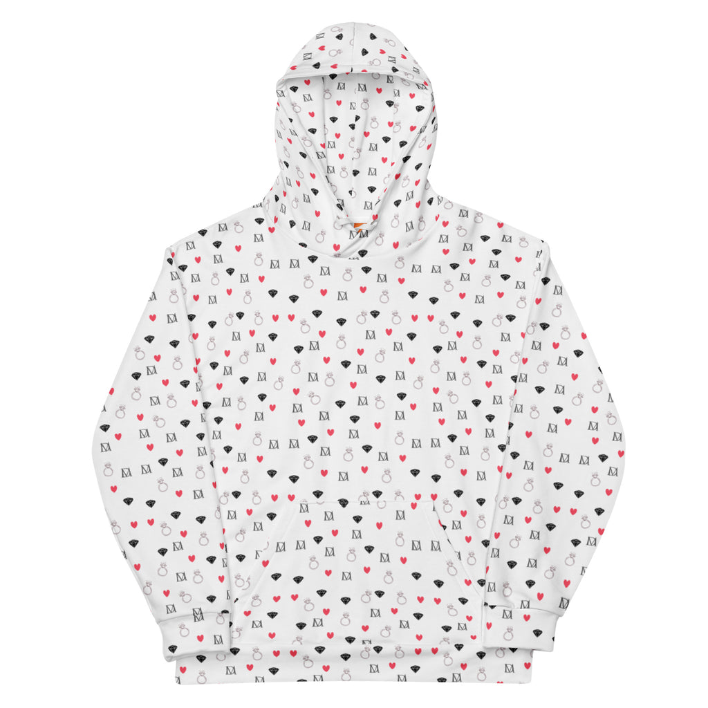 Recycled white unisex hoodie with speckled diamond moon pattern by Daemon Luxury, featuring a front view and hood design.