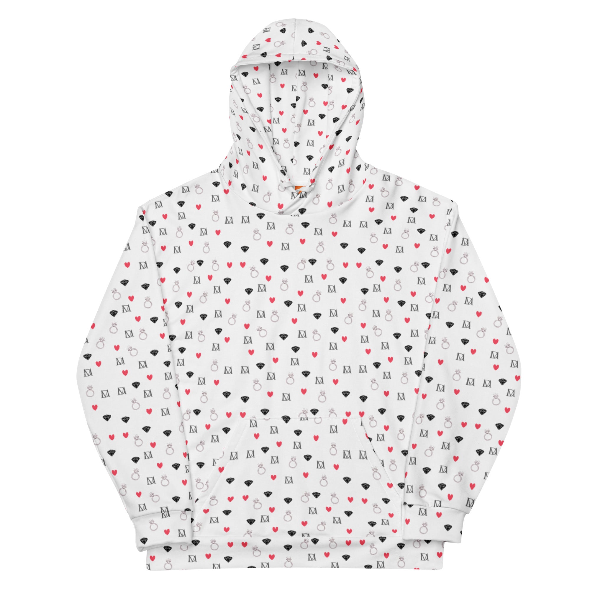 Recycled white unisex hoodie with speckled diamond moon pattern by Daemon Luxury, featuring a front view and hood design.