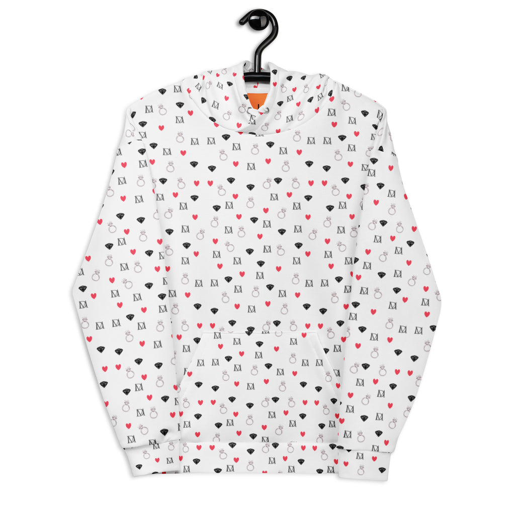 Unisex white hoodie with speckled diamond moon pattern, Daemon Luxury recycled cotton hoodie with front view.