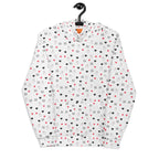 Unisex white hoodie with speckled diamond moon pattern, Daemon Luxury recycled cotton hoodie with front view.