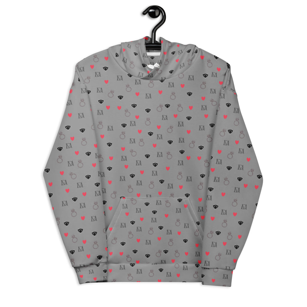 Unisex white hoodie by Daemon Luxury with all-over speckled diamond pattern, featuring a subtle gloom design and front pocket.