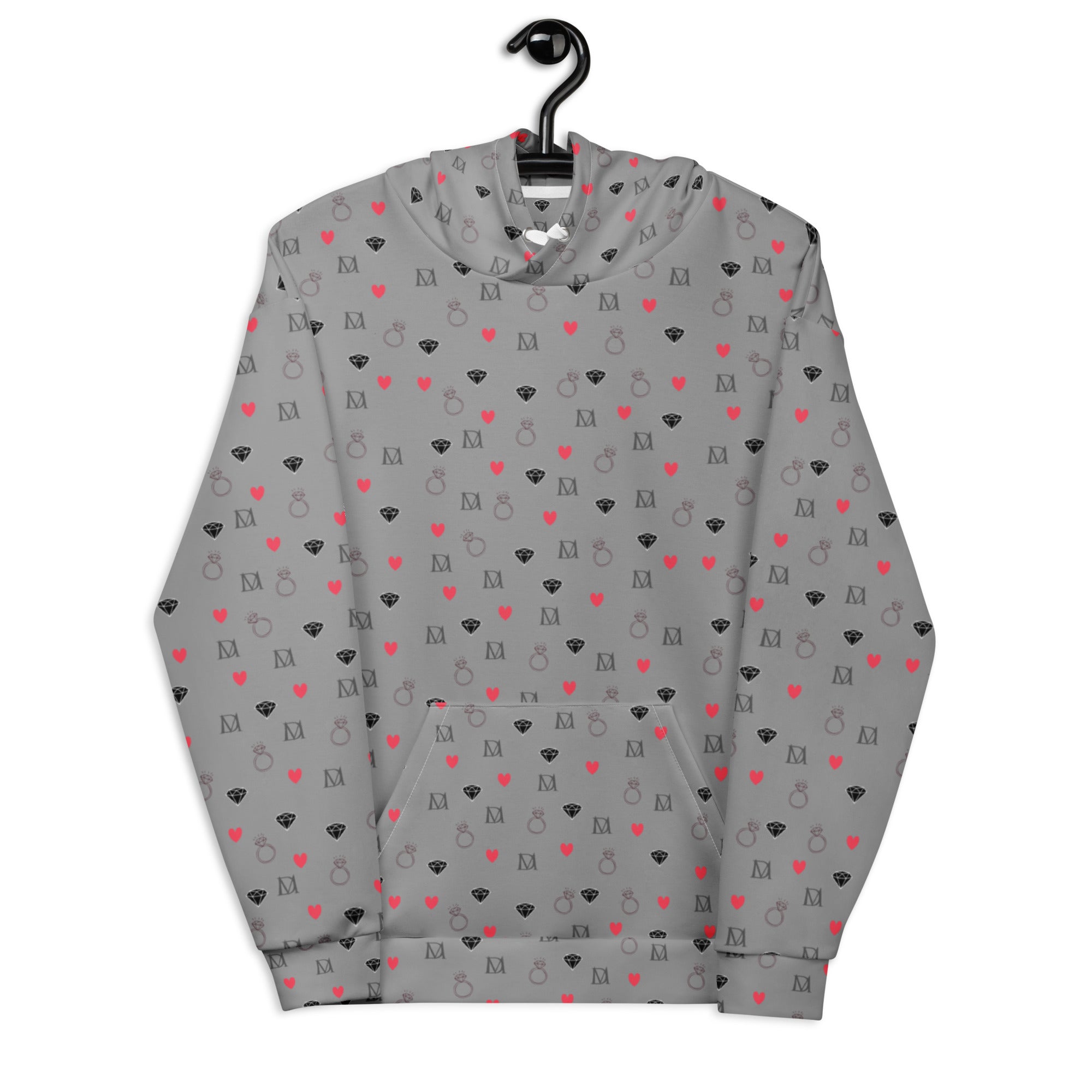 Unisex white hoodie by Daemon Luxury with all-over speckled diamond pattern, featuring a subtle gloom design and front pocket.