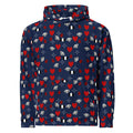 Unisex white hoodie by Daemon Luxury with all-over print design, featuring a hood and casual style.