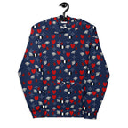 Daemon Luxury Foreigners Luv upscale hoodie with all-over recycled print, white unisex hoodie with front design.