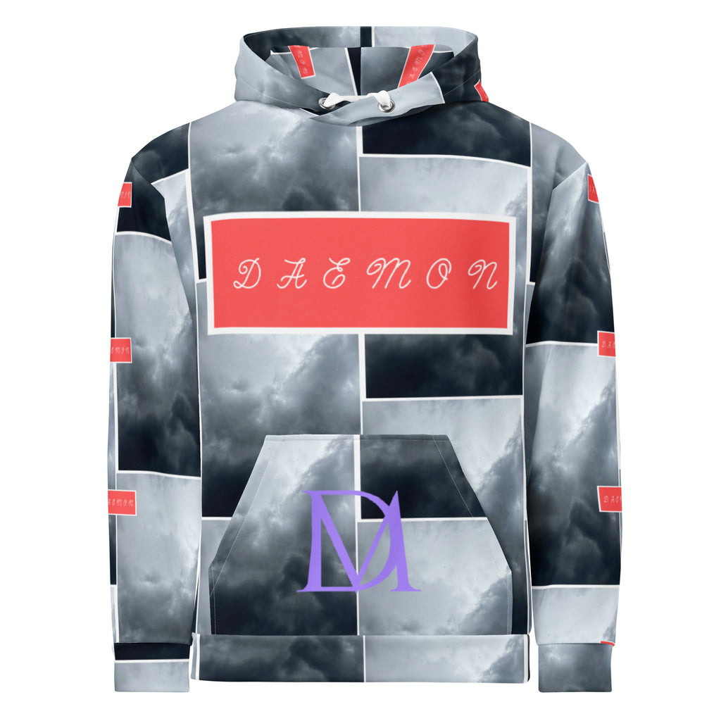 Recycled white unisex hoodie with stitched frames and all-over print from Daemon Luxury, featuring a front view.