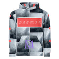 Recycled white unisex hoodie with stitched frames and all-over print from Daemon Luxury, featuring a front view.