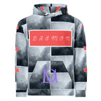 Recycled white unisex hoodie with stitched frames and all-over print from Daemon Luxury, featuring a front view.
