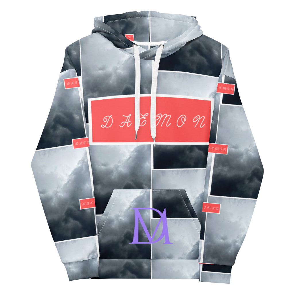 Recycled white unisex hoodie with stitched frames and all-over print from Daemon Luxury, featuring a front view.