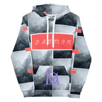Recycled white unisex hoodie with stitched frames and all-over print from Daemon Luxury, featuring a front view.