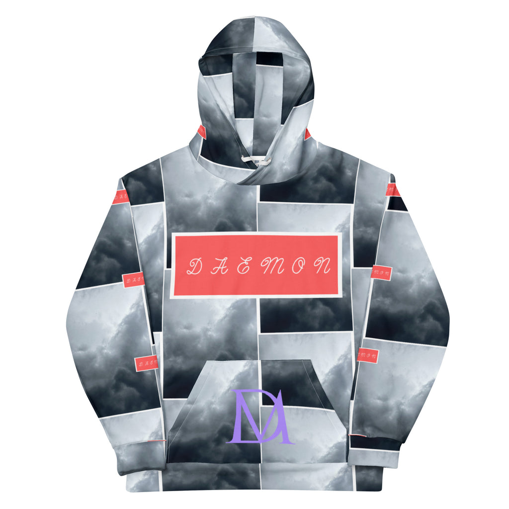 Recycled white unisex hoodie with stitched frame design and all-over print by Daemon Luxury.