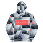 Recycled white unisex hoodie with stitched frame design and all-over print by Daemon Luxury.
