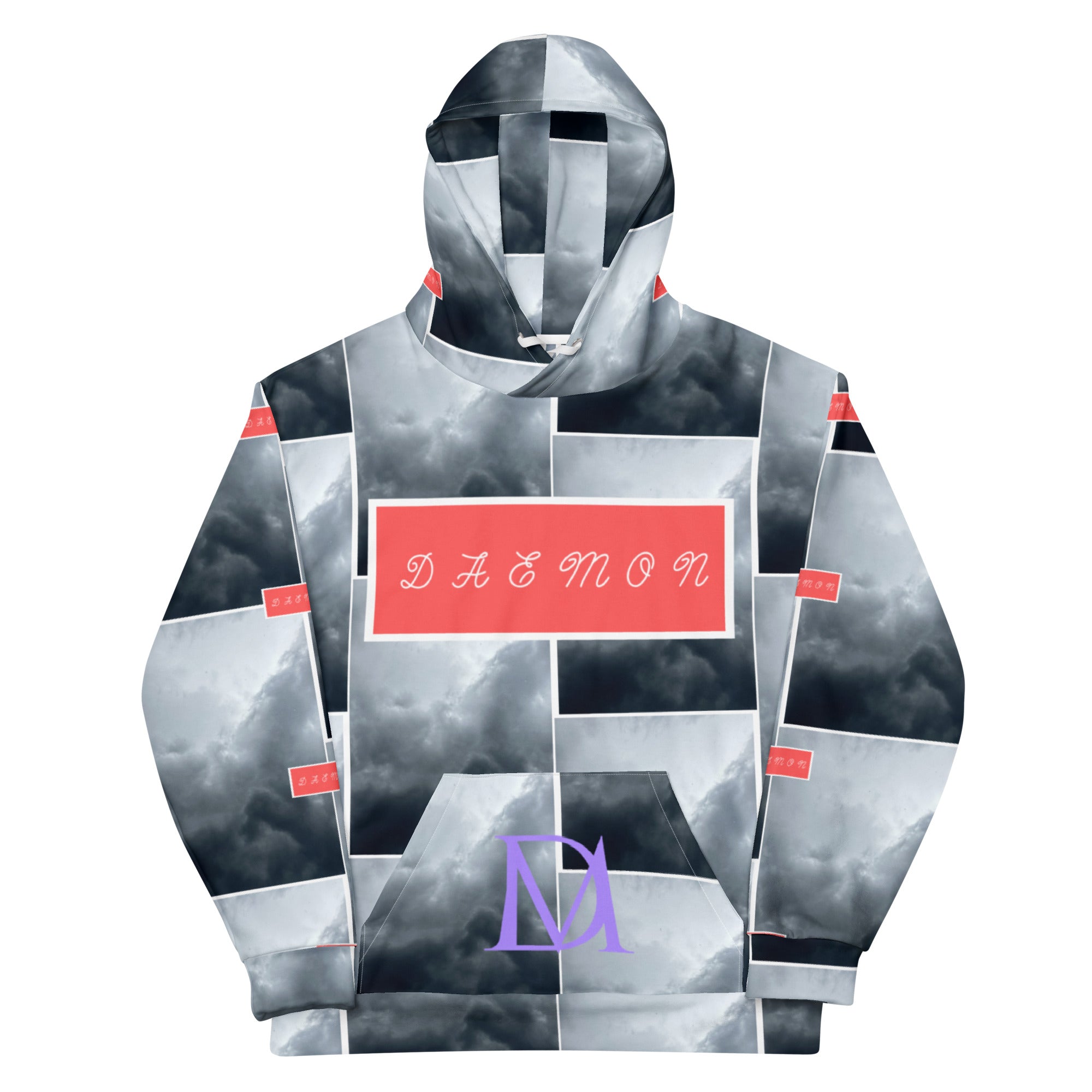 Recycled white unisex hoodie with stitched frame design and all-over print by Daemon Luxury.
