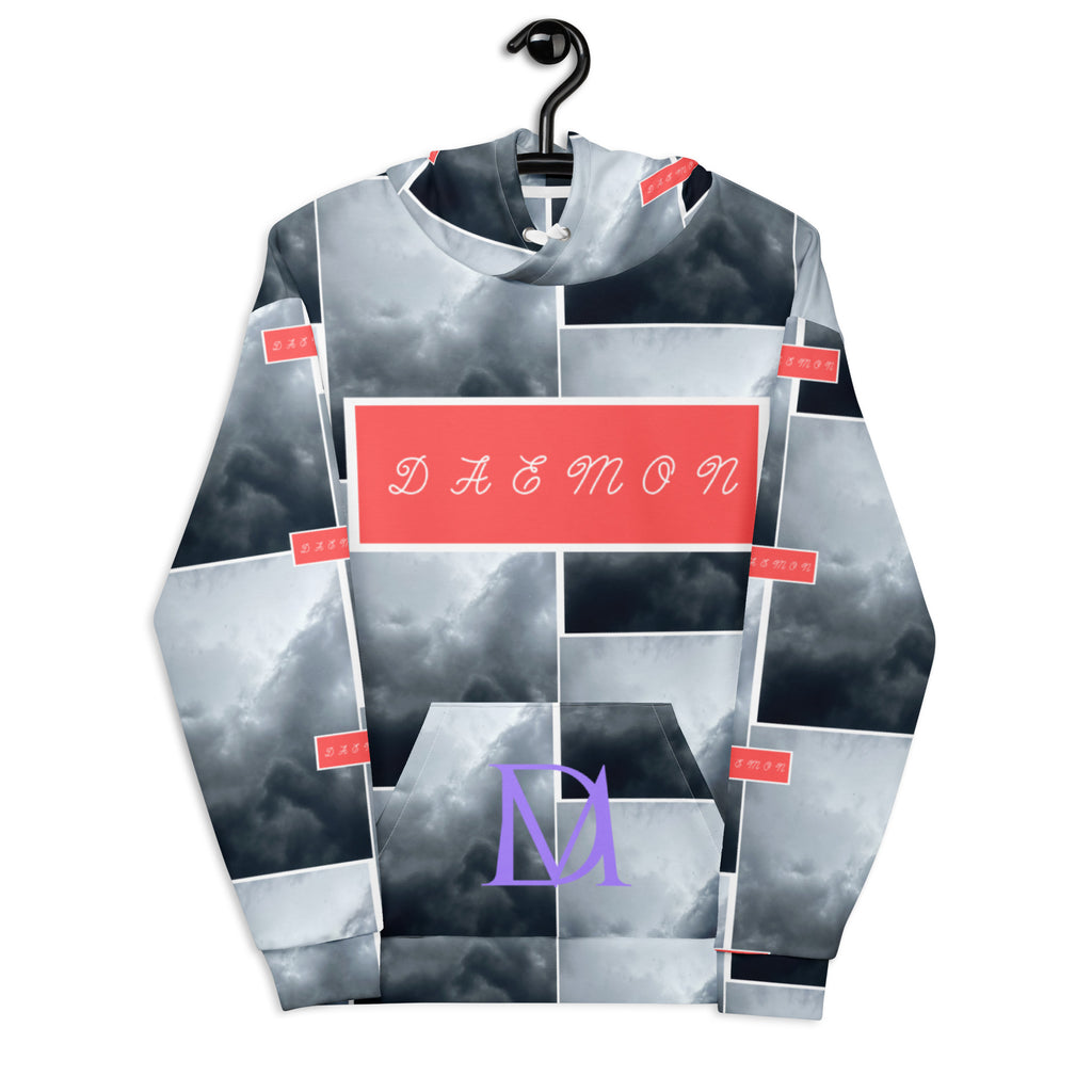 White unisex hoodie with stitched frames and all-over recycled print by Daemon Luxury, front view.