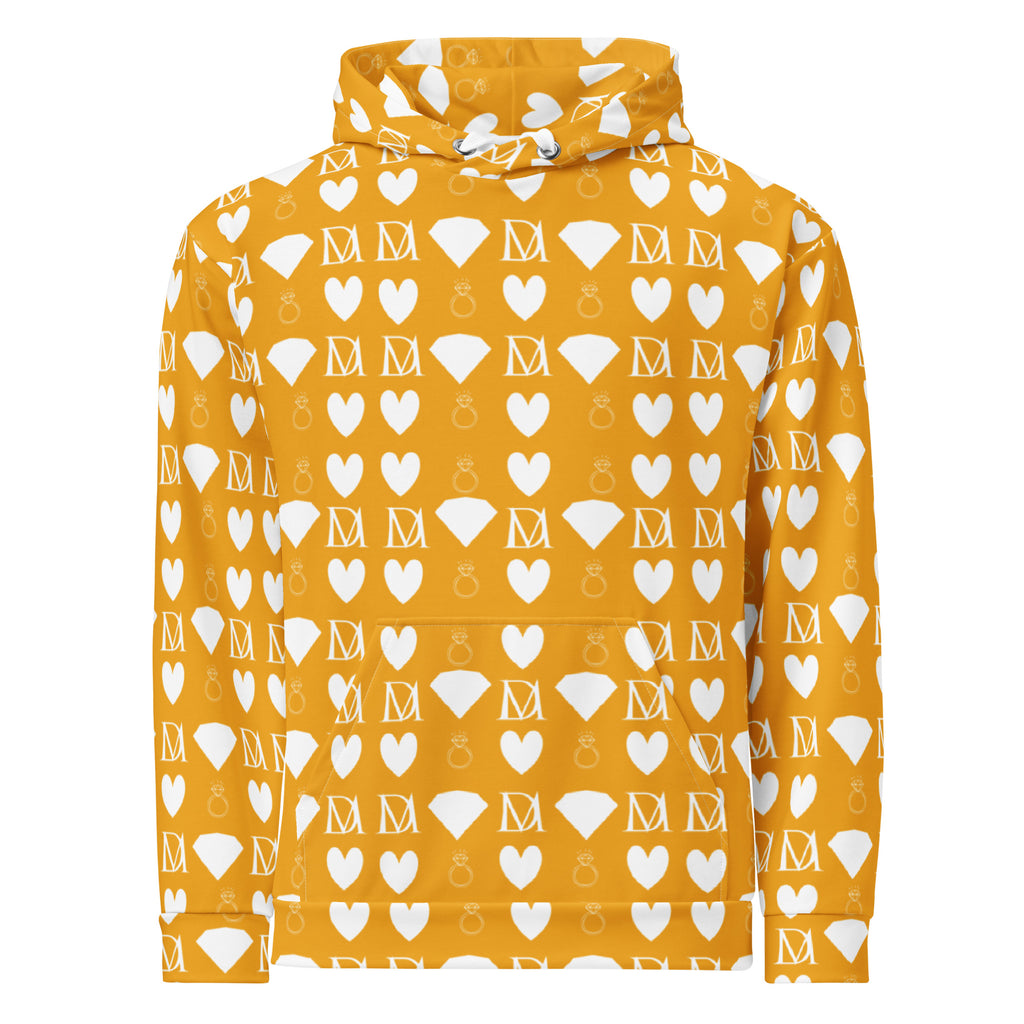 Recycled white unisex hoodie with all-over Frosted Diamonds Tarmin Honeybees print by Daemon Luxury, featuring a front view.