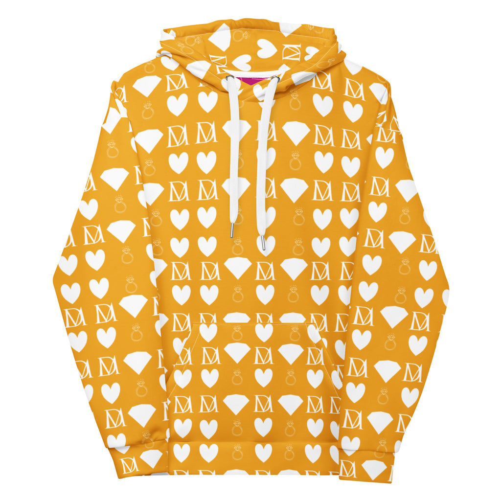 White unisex hoodie featuring all-over print of frosted diamonds by Daemon Luxury, casual fleece with hood and front pocket.