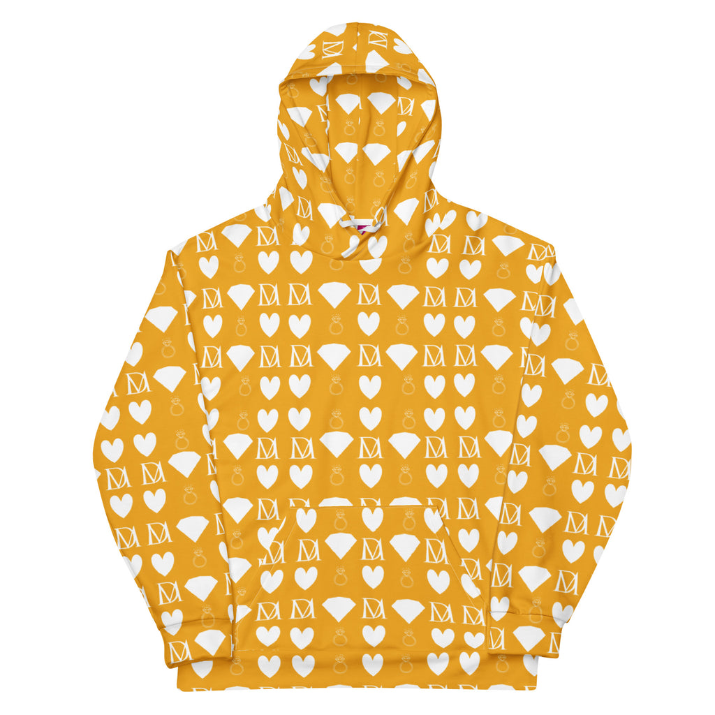 Unisex white hoodie with all-over print of frosted diamonds pattern by Daemon Luxury, featuring a cozy hood and front design.