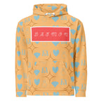Daemon Luxury Honeyberry Lights unisex hoodie with all-over print, recycled fabric, white color, front view.