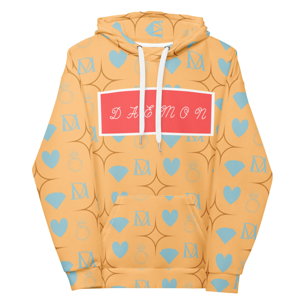 All-over print white recycled unisex hoodie with Honeyberry Lights design by Daemon Luxury, featuring a front view.