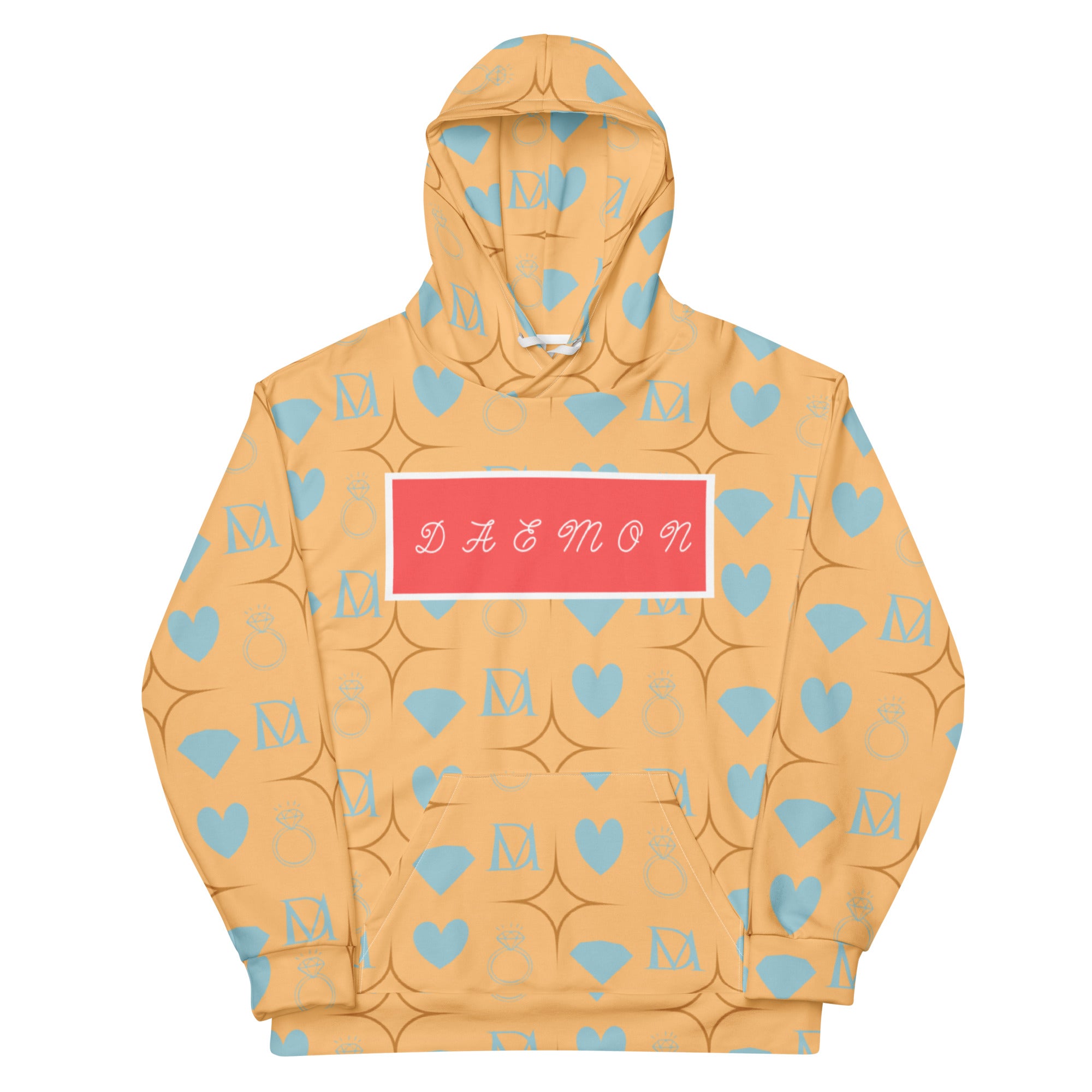 Recycled white unisex hoodie with Honeyberry Lights all-over print and hood, by Daemon Luxury.