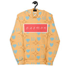 Unisex white hoodie with Honeyberry Lights all-over print, featuring a cozy hood and casual style from Daemon Luxury.