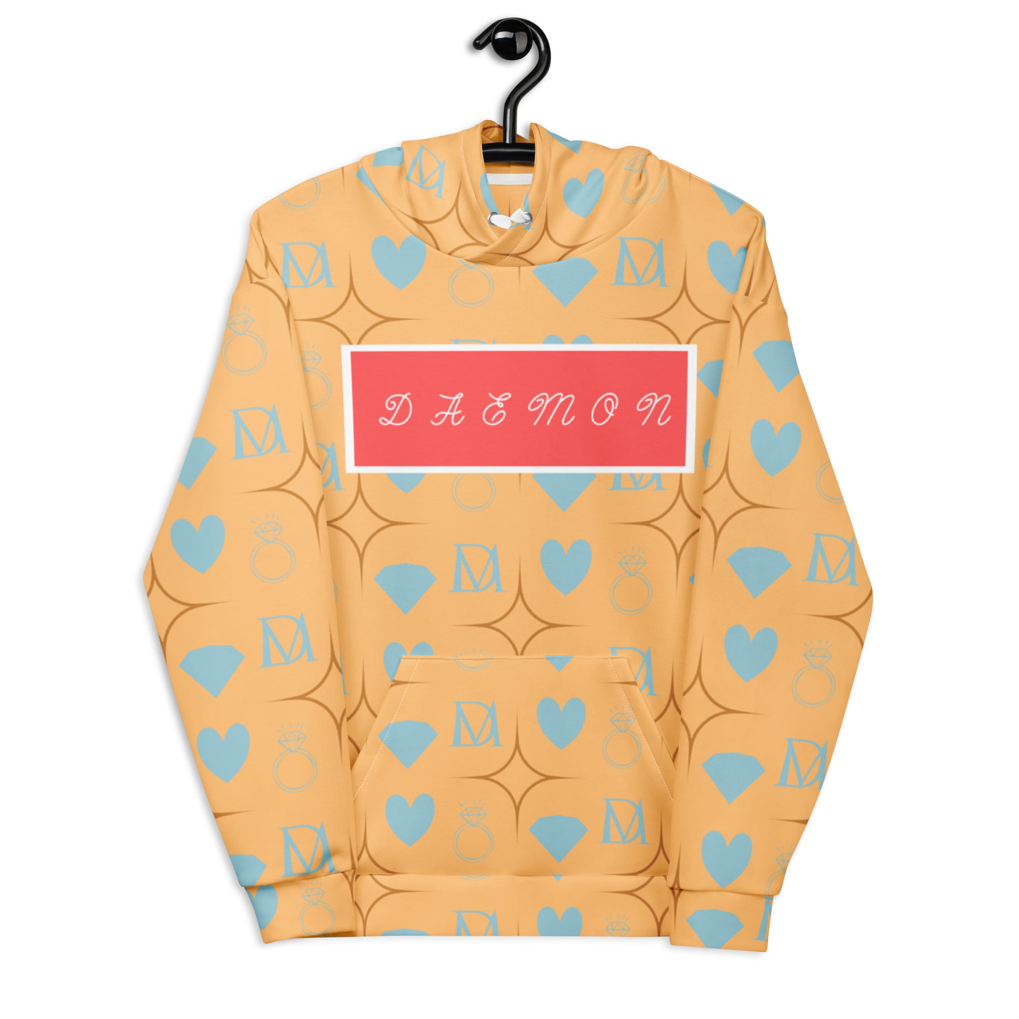 Unisex white hoodie with Honeyberry Lights all-over print, featuring a cozy hood and casual style from Daemon Luxury.